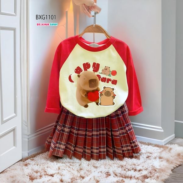 Set áo dài tay CAPYBARA chân váy caro kèm chip dễ thương cho bé gái BXG1101