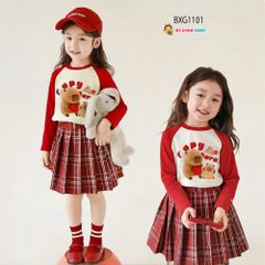 Set áo dài tay CAPYBARA chân váy caro kèm chip dễ thương cho bé gái BXG1101