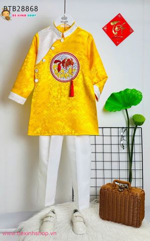 Set áo dài bé trai gấm vân mây cao cấp thêu đắp cá kèm quần dễ thương cho bé trai BTB28866