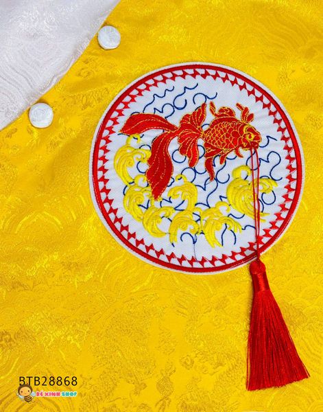 Set áo dài bé trai gấm vân mây cao cấp thêu đắp cá kèm quần dễ thương cho bé trai BTB28866