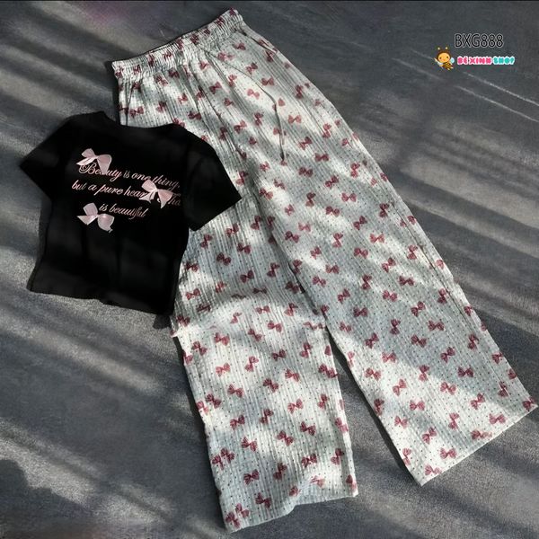 Set áo nơ quần ống suông dễ thương cho bé gái BXG888