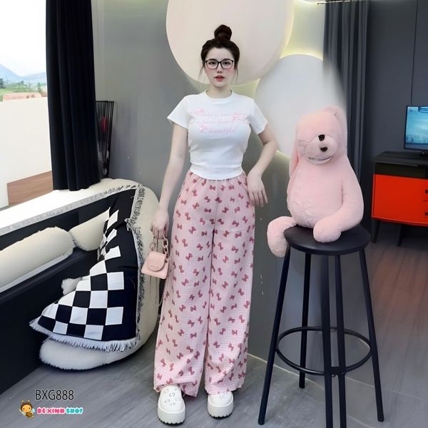 Set áo nơ quần ống suông dễ thương cho bé gái BXG888