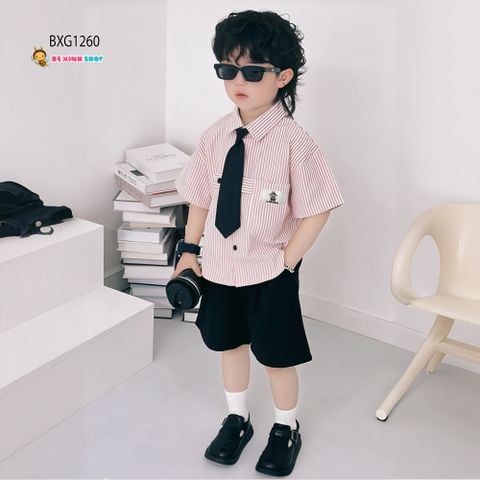 Set áo sơ mi kèm cà vạt phối quần kaki dễ thương cho bé trai đi chơi BXG1260