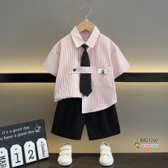 Set áo sơ mi kèm cà vạt phối quần kaki dễ thương cho bé trai đi chơi BXG1260