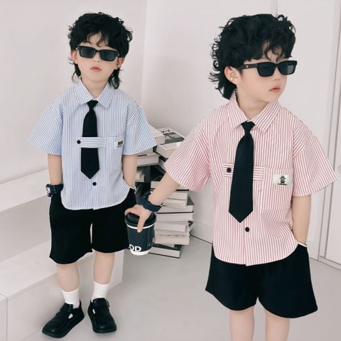 Set áo sơ mi kèm cà vạt phối quần kaki dễ thương cho bé trai đi chơi BXG1260