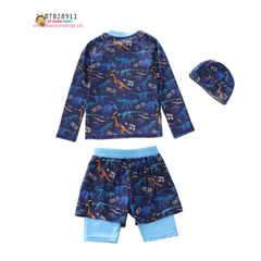 Set bơi tay dài quần cặp họa tiết hoạt hình kèm nón dễ thương cho bé trai (14-31kg) BTB28911