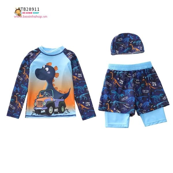 Set bơi tay dài quần cặp họa tiết hoạt hình kèm nón dễ thương cho bé trai (14-31kg) BTB28911