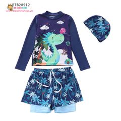 Set bơi tay dài quần cặp họa tiết hoạt hình kèm nón dễ thương cho bé trai (14-31kg) BTB28911