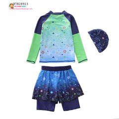Set bơi tay dài quần cặp họa tiết hoạt hình kèm nón dễ thương cho bé trai (14-31kg) BTB28911