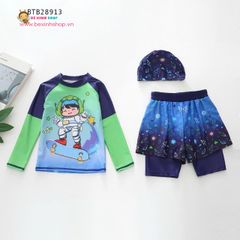 Set bơi tay dài quần cặp họa tiết hoạt hình kèm nón dễ thương cho bé trai (14-31kg) BTB28911