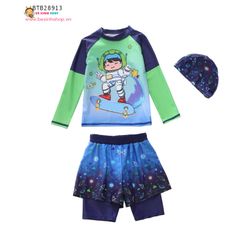 Set bơi tay dài quần cặp họa tiết hoạt hình kèm nón dễ thương cho bé trai (14-31kg) BTB28911