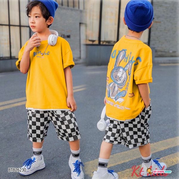 [XẢ KHO] Bộ thun in chữ BOB THING quần caro dễ thương cho bé trai BTB26228