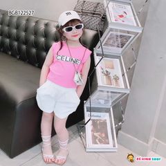 Set áo in chữ CELINE quần sort dễ thương cho bé gái BGB122527