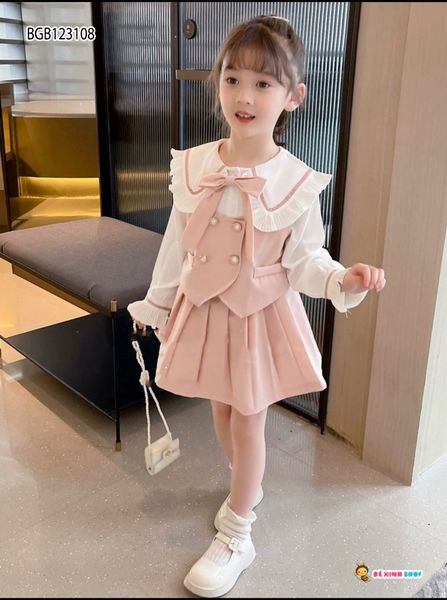 Set váy dạ trắng áo croptop tay bồng mix chân váy xòe phối cúc HOT TREND  phong cách HÀN