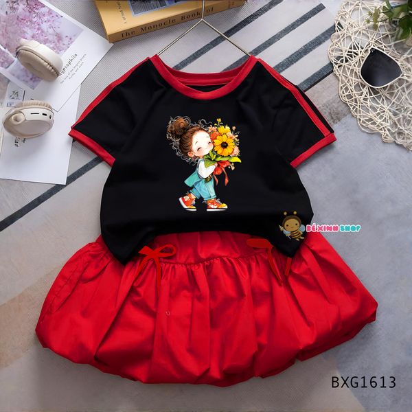 Set áo in bé gái chân váy bí dễ thương cho bé gái đi chơi BXG1612