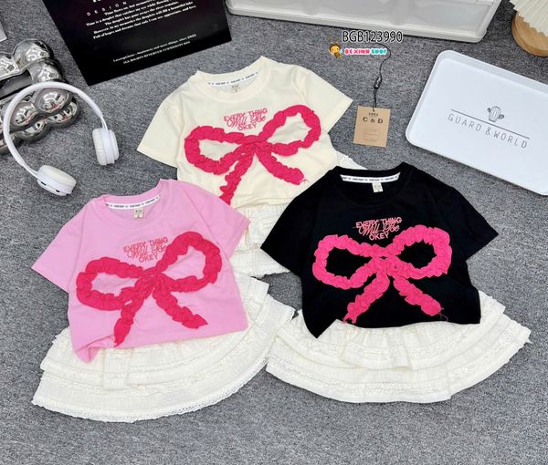 Set chân váy ren thun phối áo phông may đắp nơ  dễ thương cho bé gái BGB123989