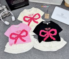 Set chân váy ren thun phối áo phông may đắp nơ  dễ thương cho bé gái BGB123989