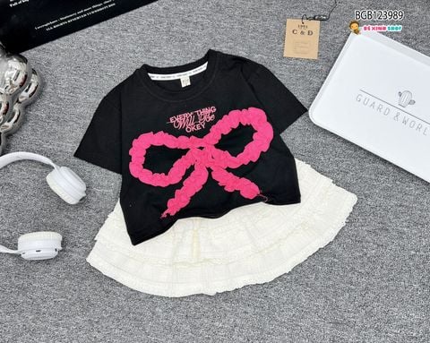 Set chân váy ren thun phối áo phông may đắp nơ  dễ thương cho bé gái BGB123989