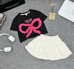 Set chân váy ren thun phối áo phông may đắp nơ  dễ thương cho bé gái BGB123989