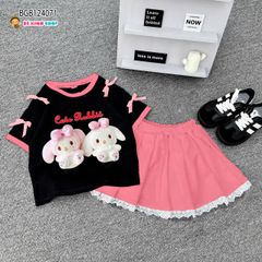 Set áo đính nơ Cute Rabbit phối chân váy đáp ren dễ thương cho bé gái BGB124070