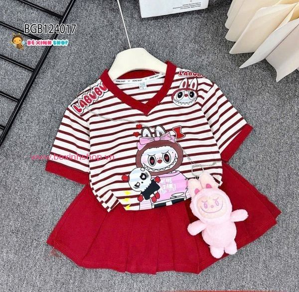 Set áo thun sọc cổ tim phối chân váy in Labubu (KO KÈM TÚI) dễ thương cho bé gái BGB124017