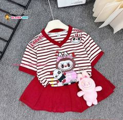 Set áo thun sọc cổ tim phối chân váy in Labubu (KO KÈM TÚI) dễ thương cho bé gái BGB124017