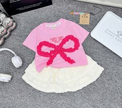Set chân váy ren thun phối áo phông may đắp nơ  dễ thương cho bé gái BGB123989