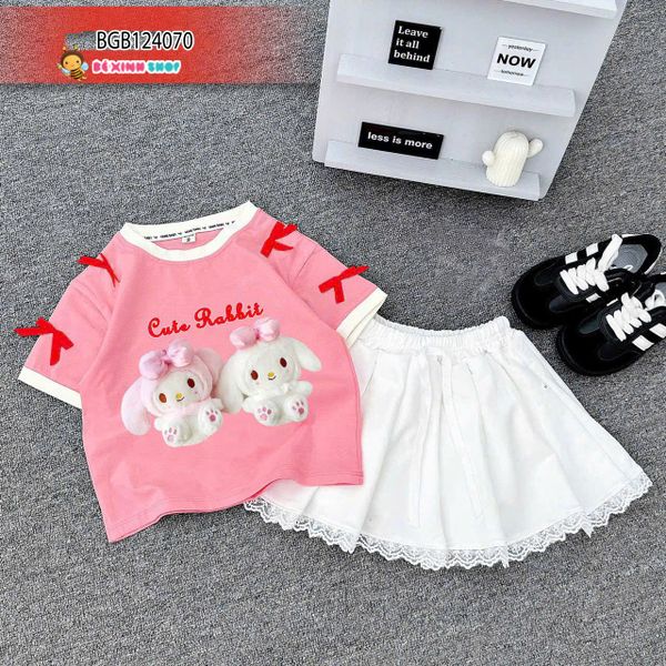 Set áo đính nơ Cute Rabbit phối chân váy đáp ren dễ thương cho bé gái BGB124070