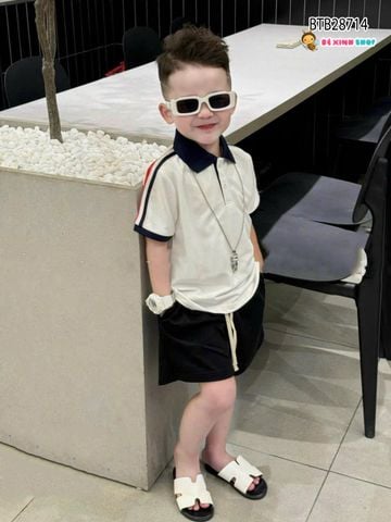 Set thun cổ bẻ phối sọc quần short dễ thương cho bé trai BTB28714