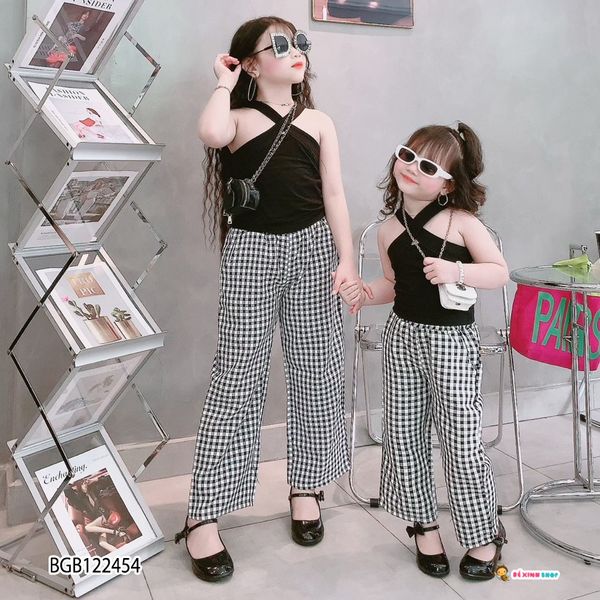 [XẢ KHO] Set áo chéo cổ quần ống rộng caro dễ thương cho bé gái BGB122454