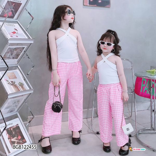 [XẢ KHO] Set áo chéo cổ quần ống rộng caro dễ thương cho bé gái BGB122454