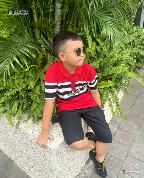 Set cổ trụ phối sọc đắp chữ quần kaki dễ thương cho bé trai ĐỎ BTB27020