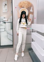 Bộ thu đông nỉ chân cua áo croptop dài tay quần dài bo ống dễ thương cho bé gái BXG700