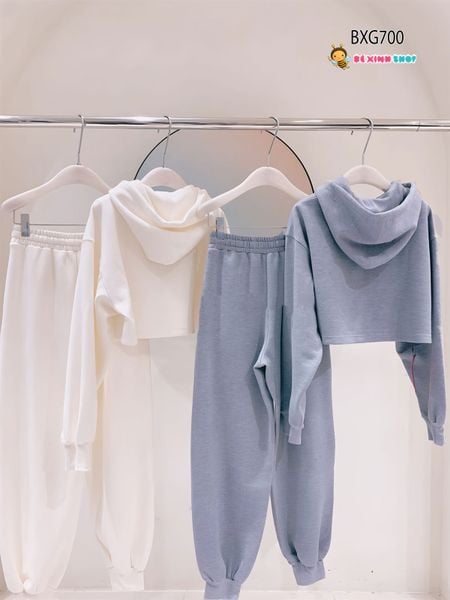 Bộ thu đông nỉ chân cua áo croptop dài tay quần dài bo ống dễ thương cho bé gái BXG700