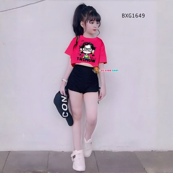 Set áo croptop CÔ GÁI TÓC XÙ quần rút dây dễ thương cho bé gái Tập Nhảy, Tập Erobic, Thể Dục BXG1649