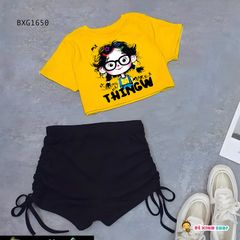 Set áo croptop CÔ GÁI TÓC XÙ quần rút dây dễ thương cho bé gái Tập Nhảy, Tập Erobic, Thể Dục BXG1649