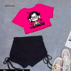 Set áo croptop CÔ GÁI TÓC XÙ quần rút dây dễ thương cho bé gái Tập Nhảy, Tập Erobic, Thể Dục BXG1649