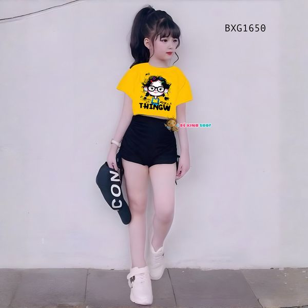 Set áo croptop CÔ GÁI TÓC XÙ quần rút dây dễ thương cho bé gái Tập Nhảy, Tập Erobic, Thể Dục BXG1649