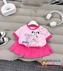 Set áo thun Baby three phối chân váy xếp ly (KÈM GẤU BÔNG) dễ thương cho bé gái BGB124118