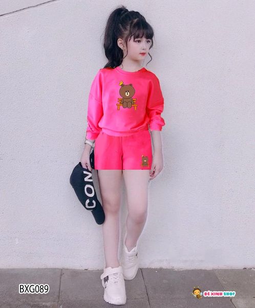 Set áo dài tay quần sort in gấu dễ thương cho bé gái BXG088