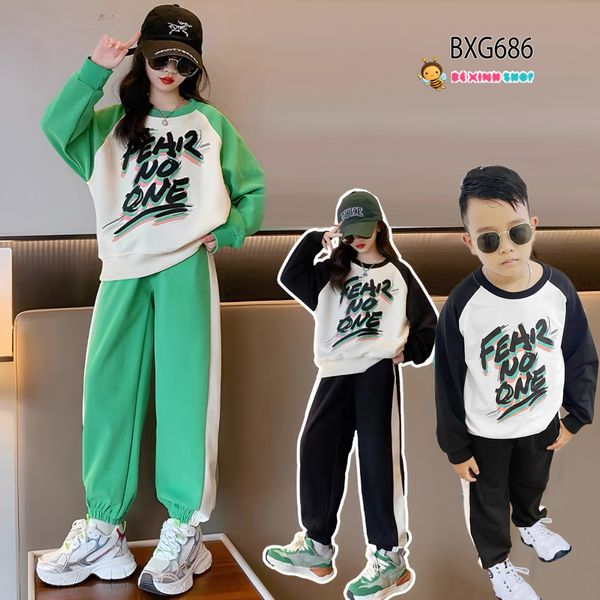 Bộ thun da cá cao cấp áo dài tay raplang quần jogger thể thao NOFEAR dễ thương cho bé trai & bé gái BXG685