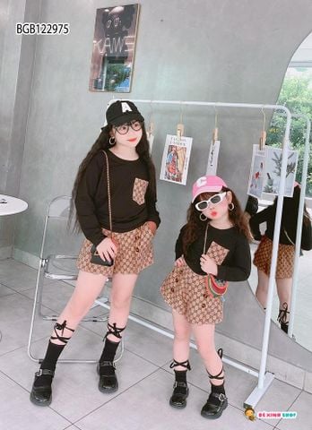 [XẢ KHO] Set áo dài tay phối túi quần sort Gucc dễ thương cho bé gái BGB122974