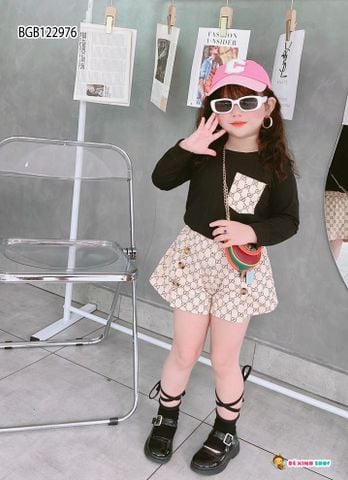 [XẢ KHO] Set áo dài tay phối túi quần sort Gucc dễ thương cho bé gái BGB122974
