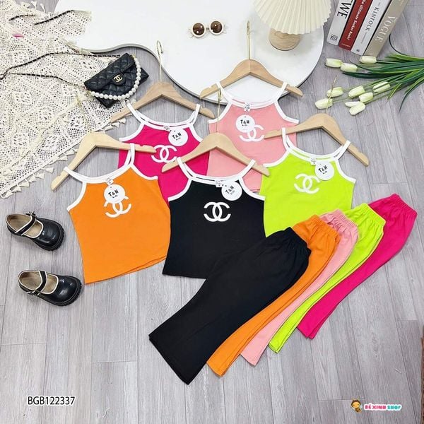 Set áo 2 dây Ch.anel quần loe dễ thương cho bé gái BGB122334