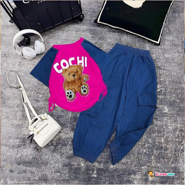 Bộ áo rút dây tay raplang gấu Cochi quần jeans mềm bo ống dễ thương cho bé gái đi chơi BXG952