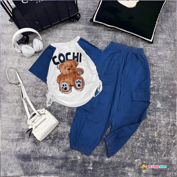 Bộ áo rút dây tay raplang gấu Cochi quần jeans mềm bo ống dễ thương cho bé gái đi chơi BXG952