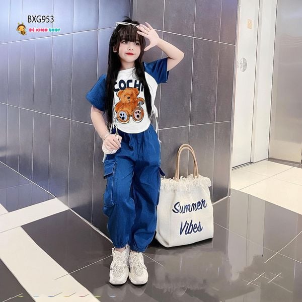 Bộ áo rút dây tay raplang gấu Cochi quần jeans mềm bo ống dễ thương cho bé gái đi chơi BXG952