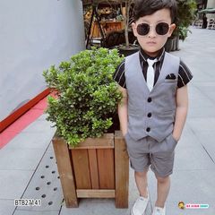 Set sơ mi ghi lê 3 món phong cách Hàn Quốc cho bé trai đi chơi, đi tiệc BTB27140
