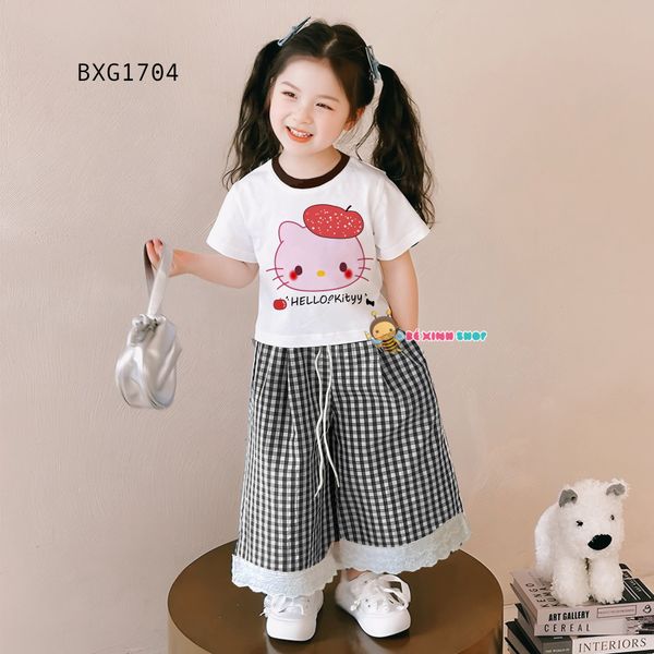 Set áo Hello Kitty Quần ống rộng phối ren dễ thương cho bé gái BXG1704