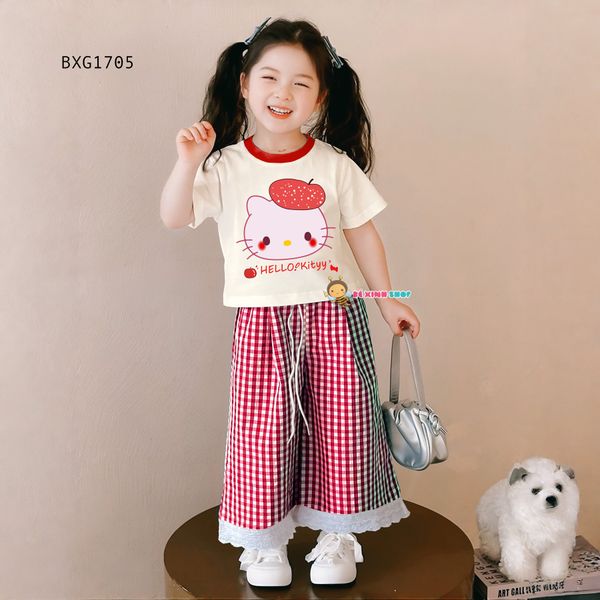 Set áo Hello Kitty Quần ống rộng phối ren dễ thương cho bé gái BXG1704